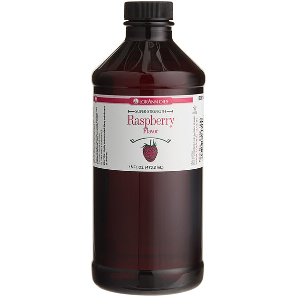A bottle of LorAnn Oils Raspberry Super Strength Flavor on a white background.