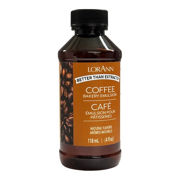 A brown LorAnn Oils coffee emulsion bottle with a label.