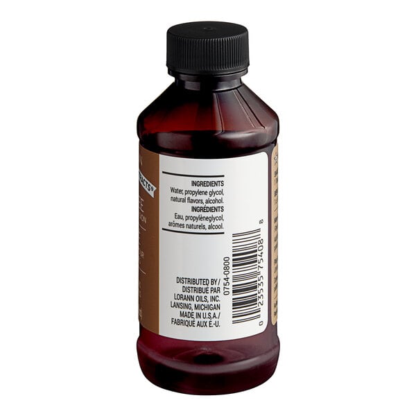 A 4 fl. oz. bottle of LorAnn Oils all-natural coffee bakery emulsion with a black cap and ingredient label.