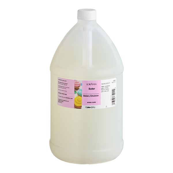A white plastic jug of LorAnn Oils All-Natural Butter Bakery Emulsion with a white label.