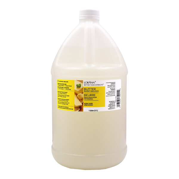 A 1-gallon container of LorAnn Oils all-natural butter bakery emulsion.