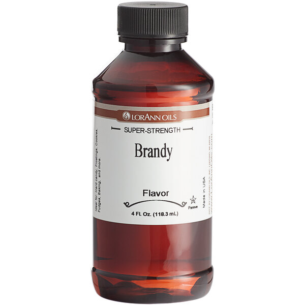A close up of a bottle of LorAnn Oils Brandy Super Strength Flavor with a white label.