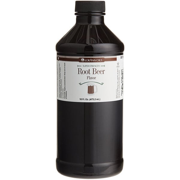 A white and brown labeled bottle of LorAnn Oils Root Beer Super Strength Flavor.