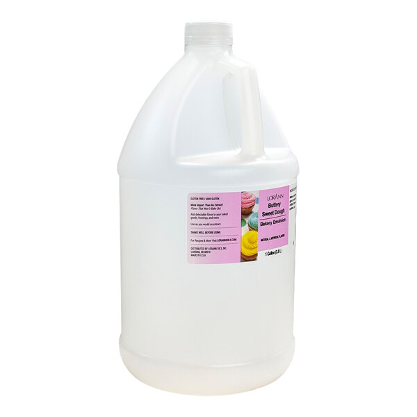 A white jug of LorAnn Oils Buttery Sweet Dough Bakery Emulsion with a purple label.