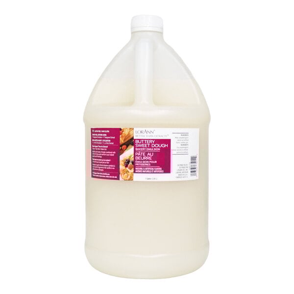 A one-gallon plastic jug of LorAnn Oils Buttery Sweet Dough Bakery Emulsion.