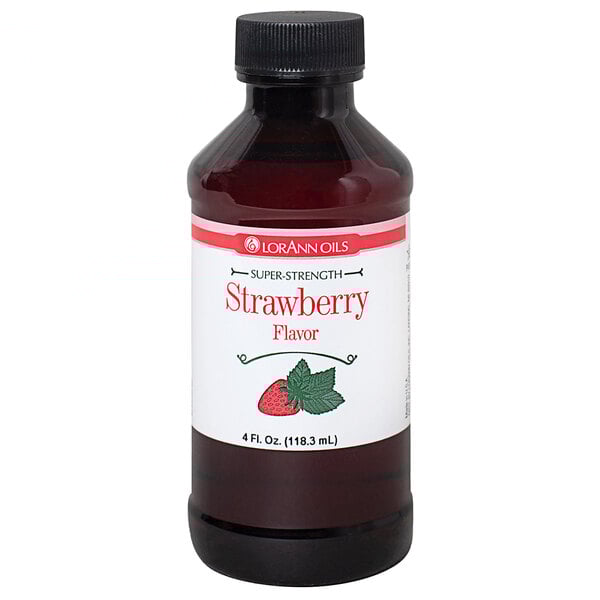 A bottle of LorAnn Oils Strawberry Super Strength Flavor syrup.