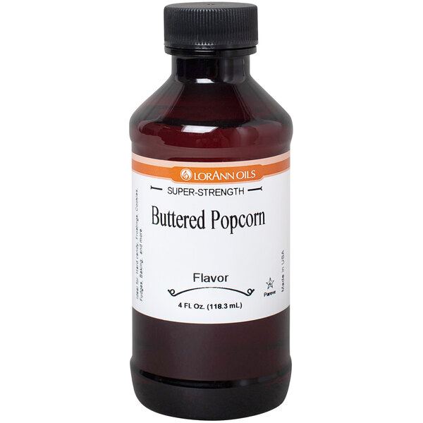 A bottle of LorAnn Oils Buttered Popcorn flavoring.