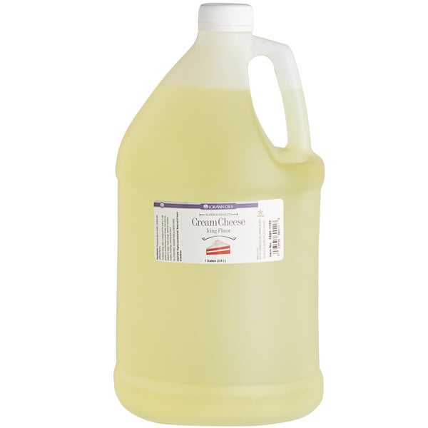 A jug of LorAnn Oils Cream Cheese Super Strength Flavor on a white background.