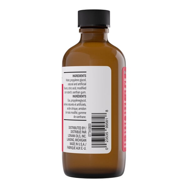 A brown bottle of LorAnn Oils 4 fl. oz. Cherry Bakery Emulsion with a black cap and a white label listing ingredients.