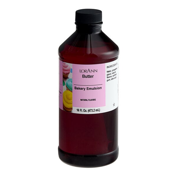 A bottle of LorAnn Oils All-Natural Butter Bakery Emulsion with a label.