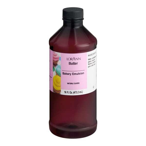 A 16 fl. oz. bottle of LorAnn Oils all-natural butter bakery emulsion.