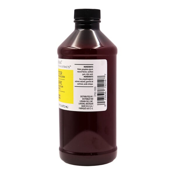 A 16 fl. oz. bottle of LorAnn Oils all-natural butter bakery emulsion with a black cap and labeled ingredients.