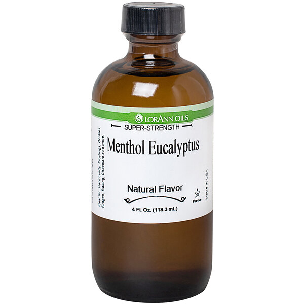 A close-up of a brown LorAnn Oils bottle with a white label for 4 fl. oz. of All-Natural Menthol-Eucalyptus Super Strength Flavor.