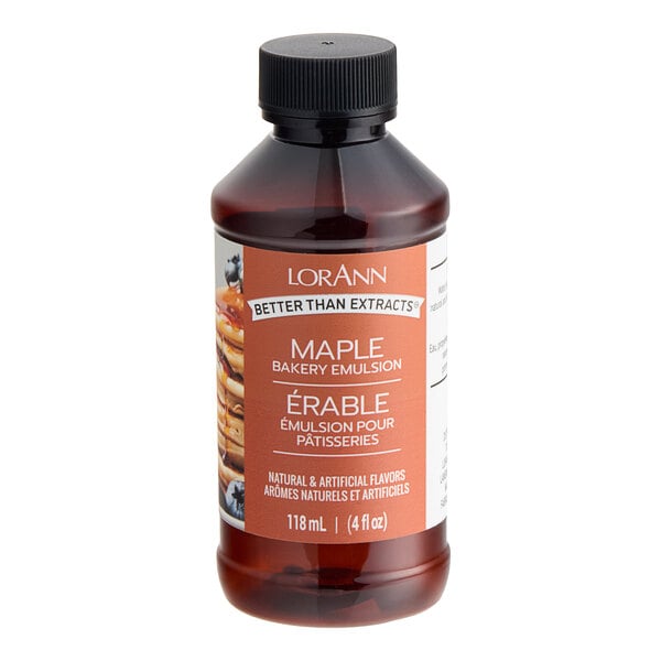 A bottle of LorAnn Oils Maple Bakery Emulsion on a table with a black cap.