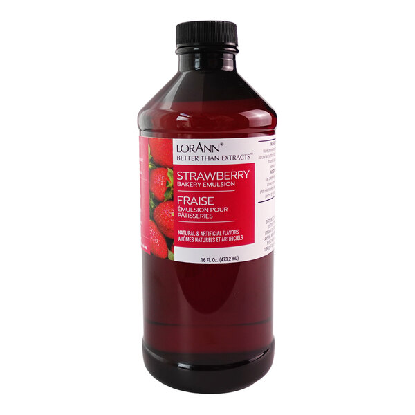 A 16 fl. oz. bottle of LorAnn Oils Strawberry Bakery Emulsion.