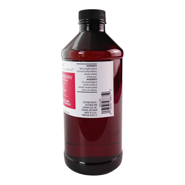 A 16 fl. oz. bottle of LorAnn Oils Strawberry Bakery Emulsion with a black cap and a label listing ingredients and product information.