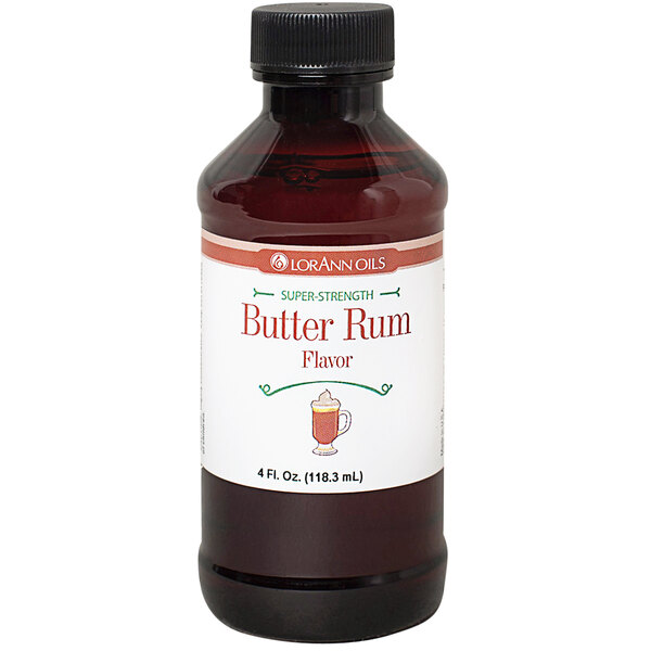 A close-up of a LorAnn Oils 4 fl. oz. jar of butter rum flavor.