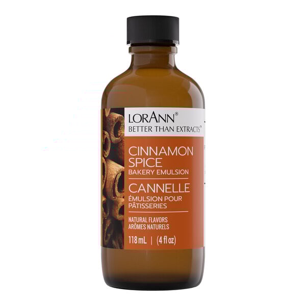 A 4 fl. oz. bottle of LorAnn Oils Cinnamon Spice Bakery Emulsion.