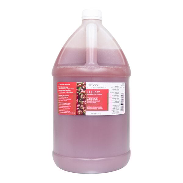 A 1-gallon container of LorAnn Oils Cherry Bakery Emulsion.