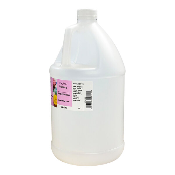 A white jug of LorAnn Oils Blueberry Bakery Emulsion with a label.