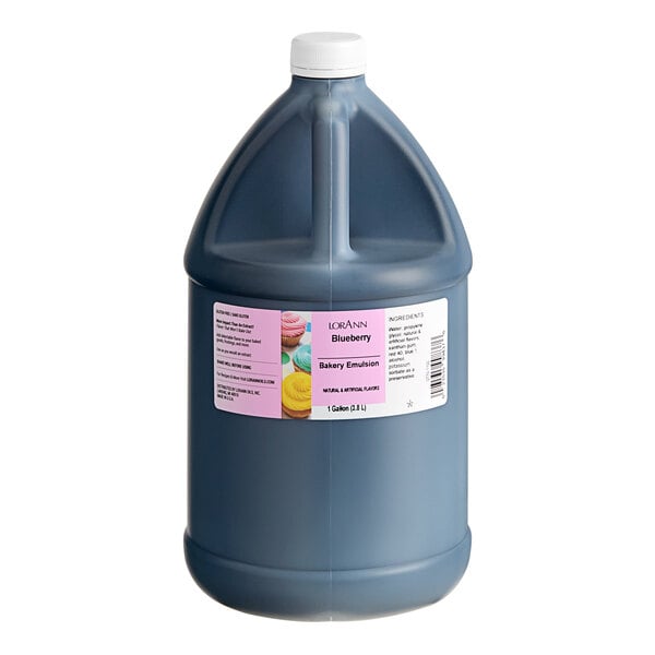 A gallon of blue liquid in a blue bottle with a white label.