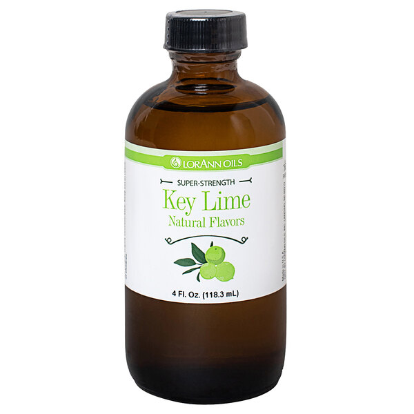 A 4 fl. oz. bottle of LorAnn Oils All-Natural Key Lime Super Strength Flavor with a label on a counter.