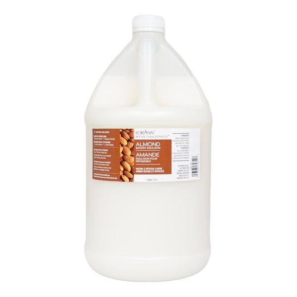 A 1-gallon container of LorAnn Oils Almond Bakery Emulsion.