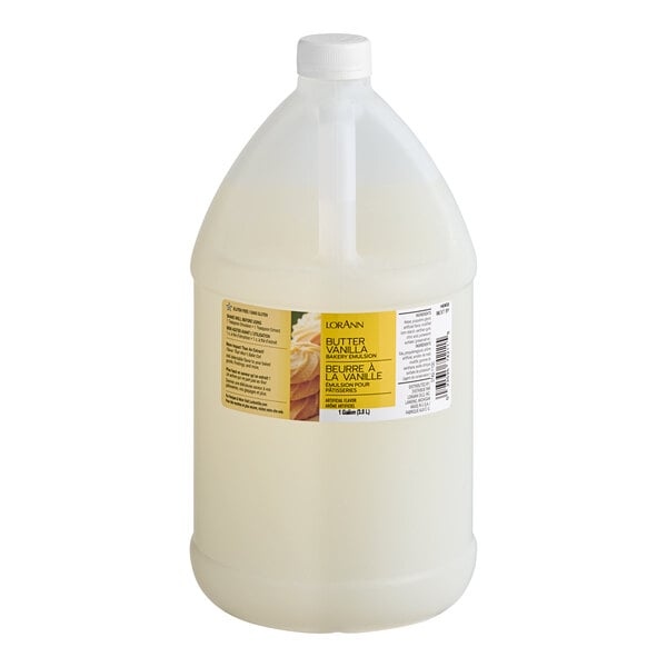 A white container of LorAnn Oils Butter Vanilla Bakery Emulsion with a yellow and black label.