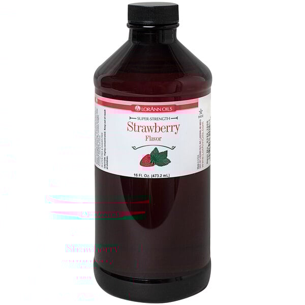A 16 oz. bottle of LorAnn Oils Strawberry Super Strength Flavor syrup.
