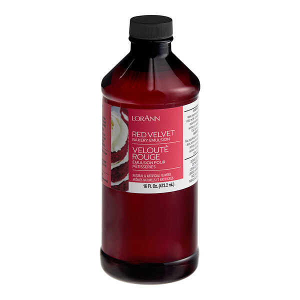 A bottle of LorAnn Oils Red Velvet Bakery Emulsion with a label on it.