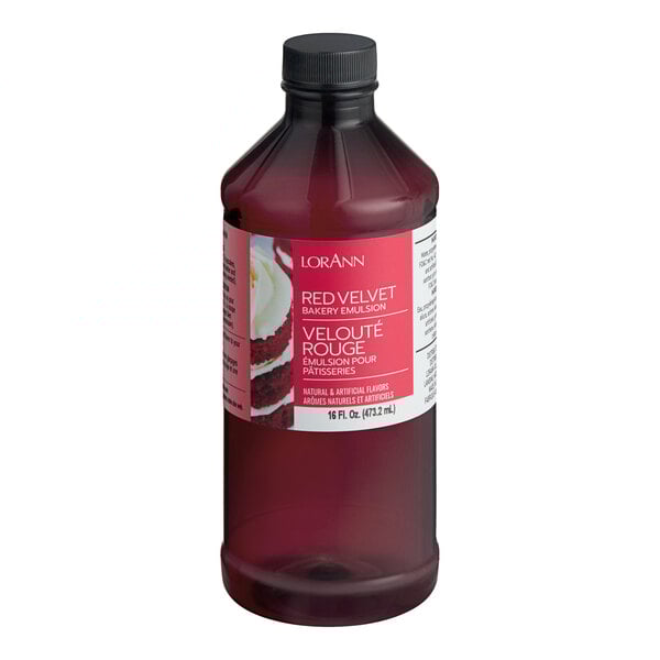A 16 fl. oz. bottle of LorAnn Oils Red Velvet Bakery Emulsion.