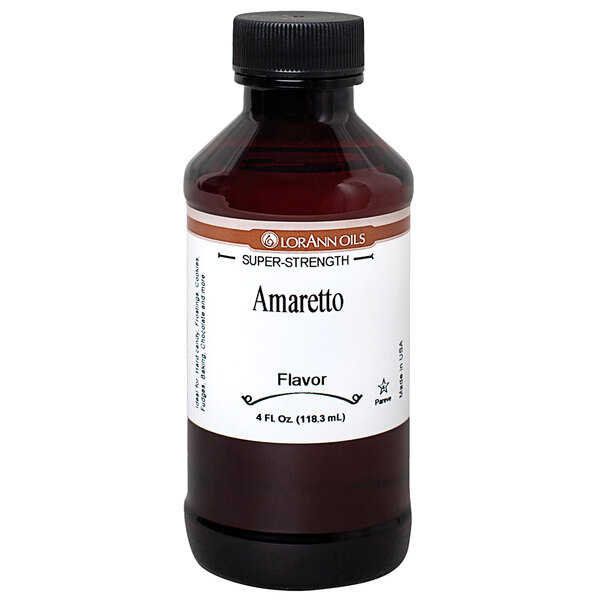 A bottle of LorAnn Oils Amaretto Super Strength Flavor syrup with a label.