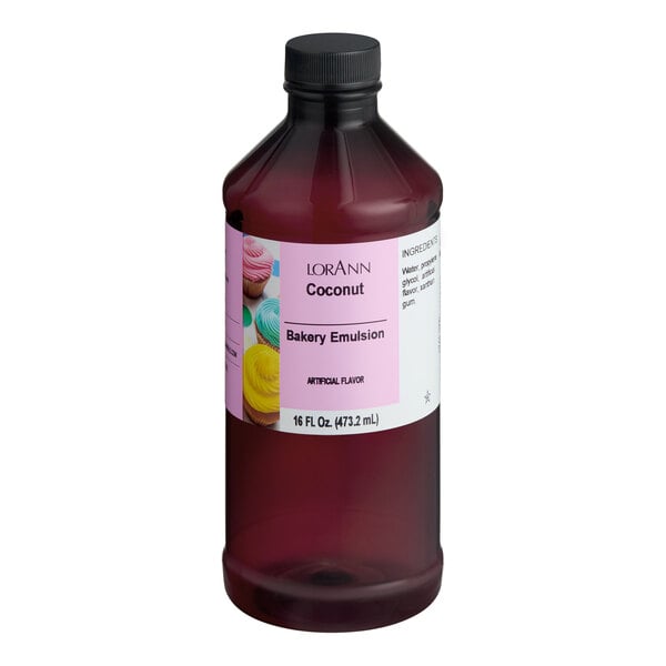 A 16 fl. oz. bottle of LorAnn coconut bakery emulsion.