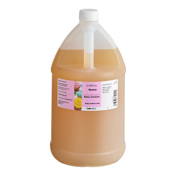 A white plastic jug of LorAnn Oils Banana Bakery Emulsion with a white label.