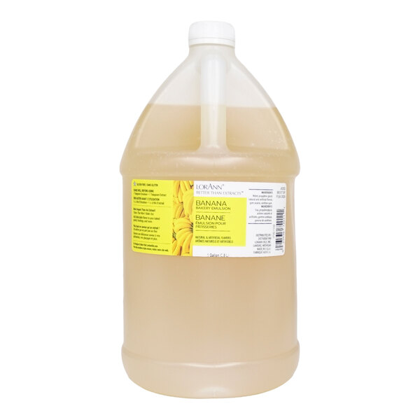 A 1-gallon container of LorAnn Oils Banana Bakery Emulsion.