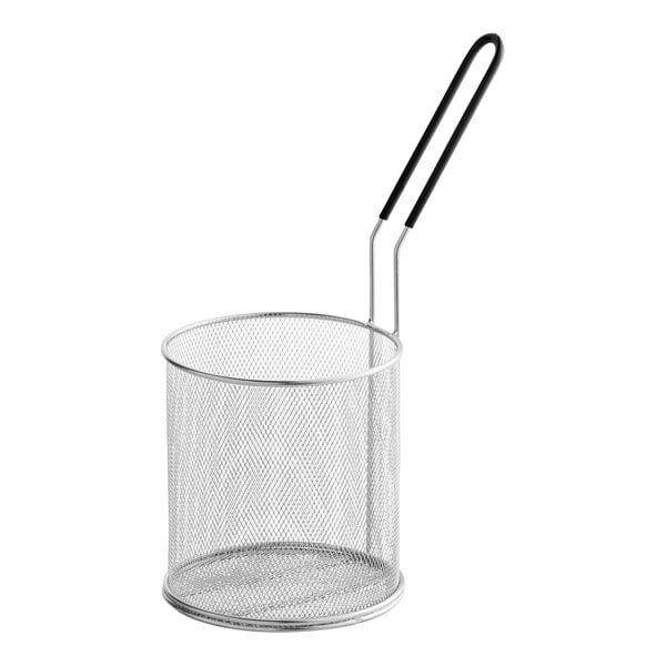 A stainless steel strainer/blanching basket with coated black handles and wire mesh.