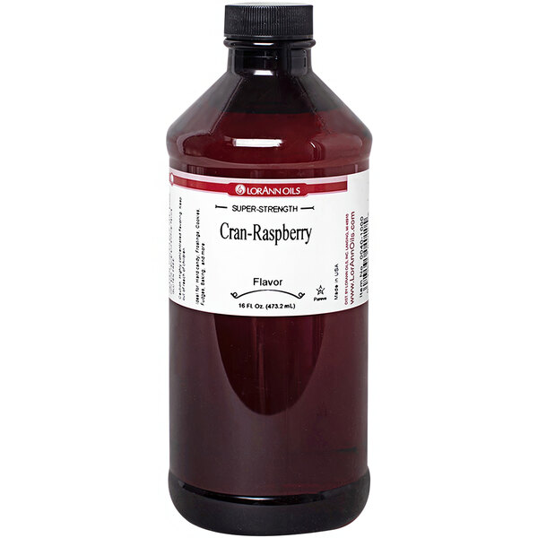 A bottle of LorAnn Oils Cran-Raspberry flavor liquid with a label.