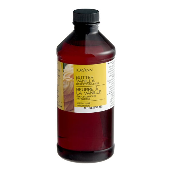 A bottle of LorAnn Oils Butter Vanilla Bakery Emulsion with a yellow label.