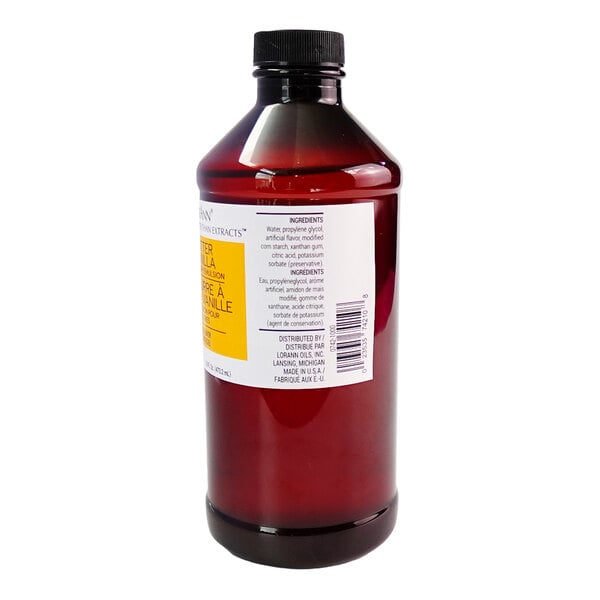 A brown plastic bottle with a black cap containing LorAnn Oils 16 fl. oz. Butter Vanilla Bakery Emulsion.
