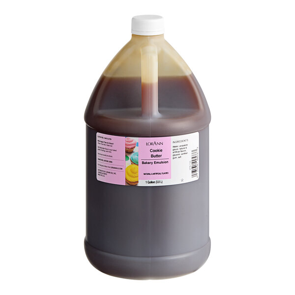 A jug of brown LorAnn Oils Cookie Butter Bakery Emulsion