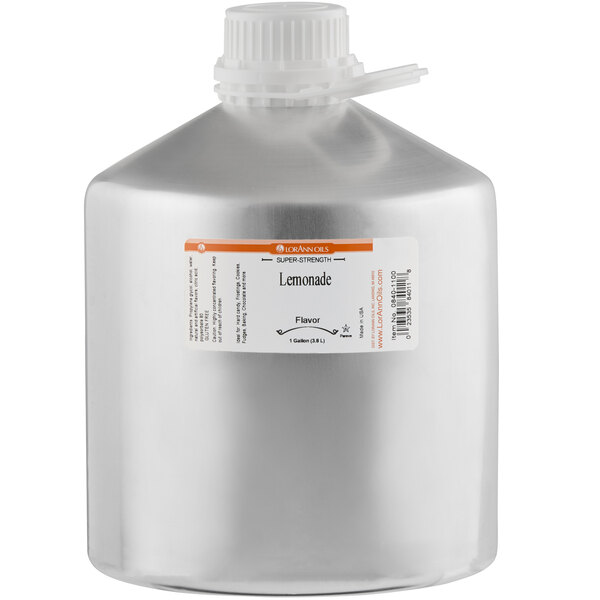 A large silver container of LorAnn Oils Lemonade Super Strength Flavor with a white label and cap.