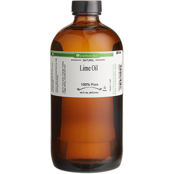 A close up of a LorAnn Oils 16 fl. oz. bottle of lime oil.