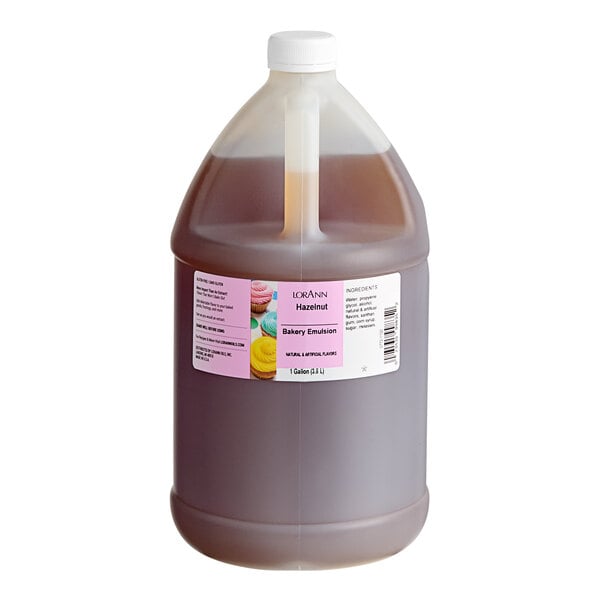 A large jug of LorAnn Oils Hazelnut Bakery Emulsion with a white cap.