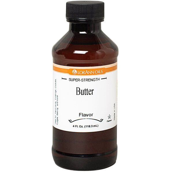 A bottle of LorAnn Oils Butter Super Strength Flavor with a white label.