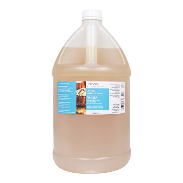 A 1-gallon container of LorAnn Oils Rum Bakery Emulsion.