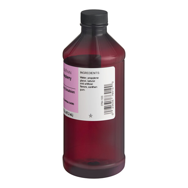 A 16 fl. oz. bottle of LorAnn Oils Raspberry Bakery Emulsion.