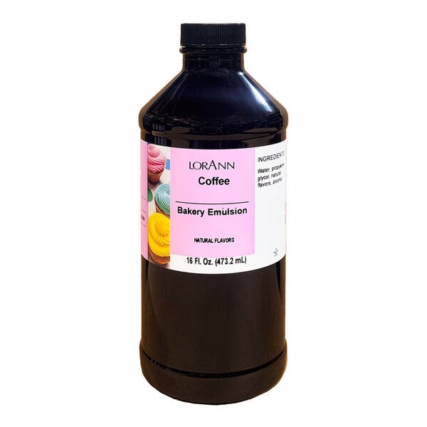 A close-up of a bottle of LorAnn Oils All-Natural Coffee Bakery Emulsion with a label.