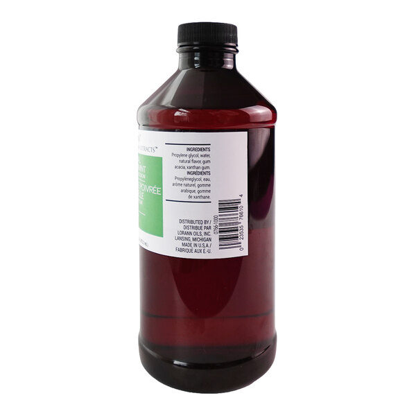 A brown plastic bottle of LorAnn Oils 16 fl. oz. All-Natural Peppermint Bakery Emulsion with a black cap and ingredient label.