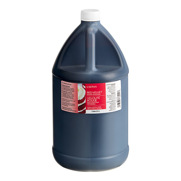 A gallon jug of LorAnn Oils Red Velvet Bakery Emulsion.