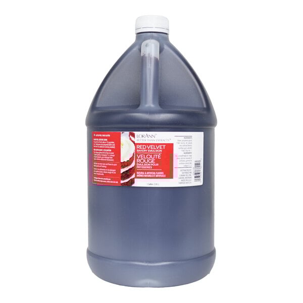 A 1-gallon container of LorAnn Oils Red Velvet Bakery Emulsion.